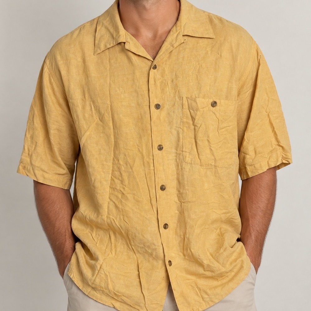 Common Man Black Label Vintage Men's Large Linen Cotton Camp Shirt Mustard